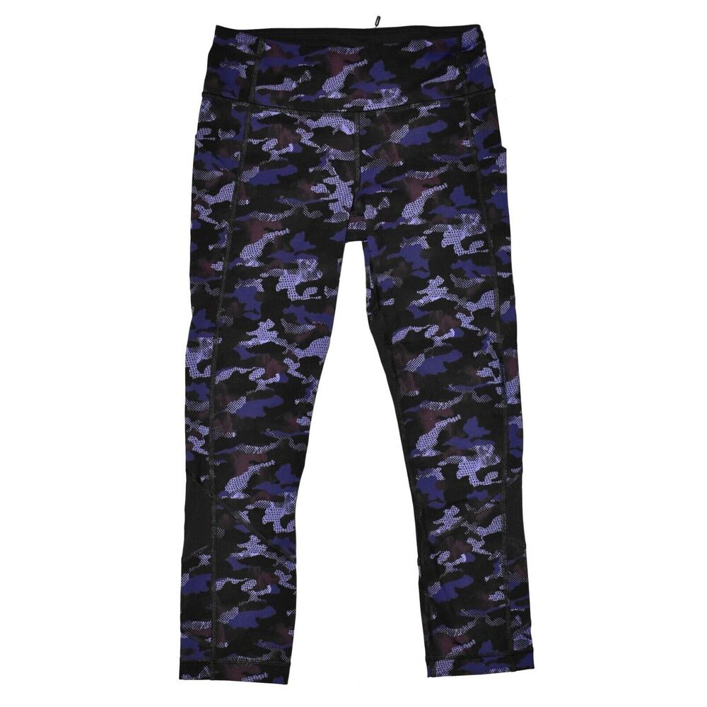 B0 Auth LULULEMON AHTLETICA Black Purple Camo Print Side Pockets Crop Pants Sz 4
